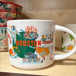 Starbucks White Houston Ceramic Mug with Orange, Teal, Blue and Yellow Artwork